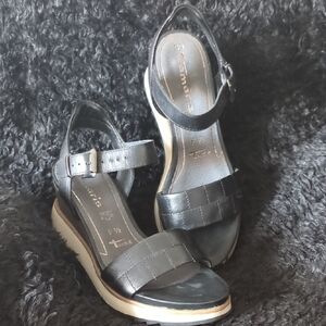 Women's Black Platform Wedge Sandals with Ankle Strap